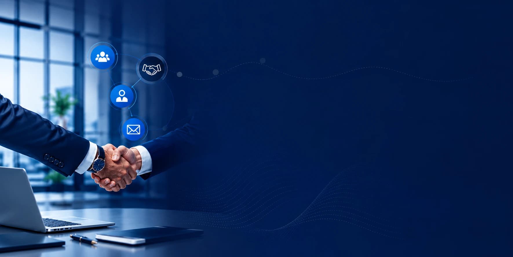Business handshake over a desk with digital network icons representing partnership and contact