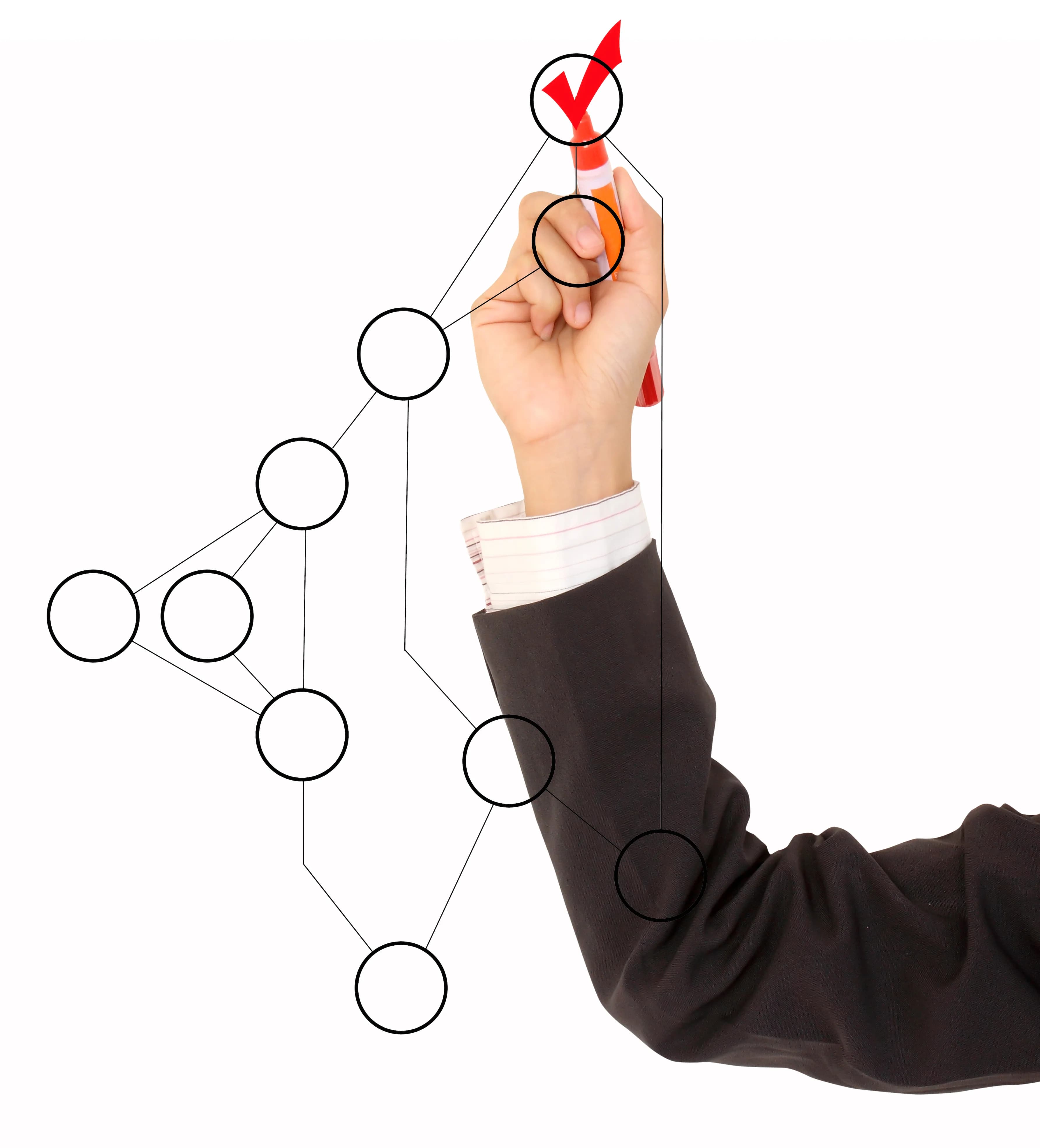 Business professional marking a completed node on an organizational network diagram