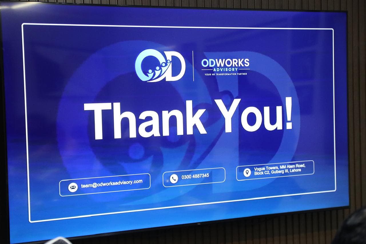 ODWorks Advisory thank you message displayed on a digital presentation screen