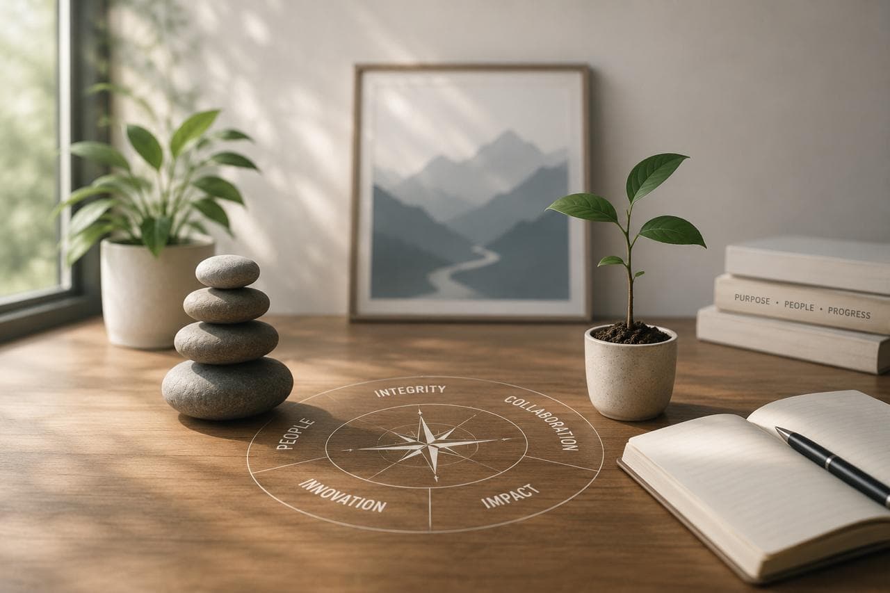 Calm desk workspace with a plant, balanced stones, and natural light from a window