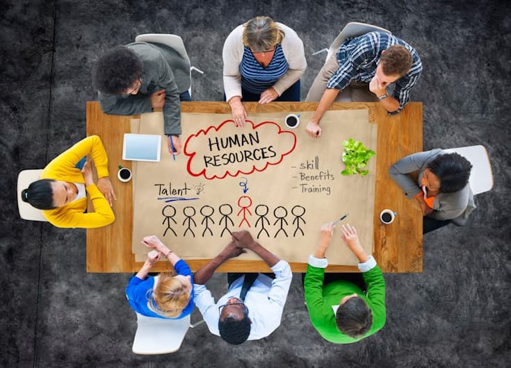 Team collaborating around a table on human resources strategy and talent planning