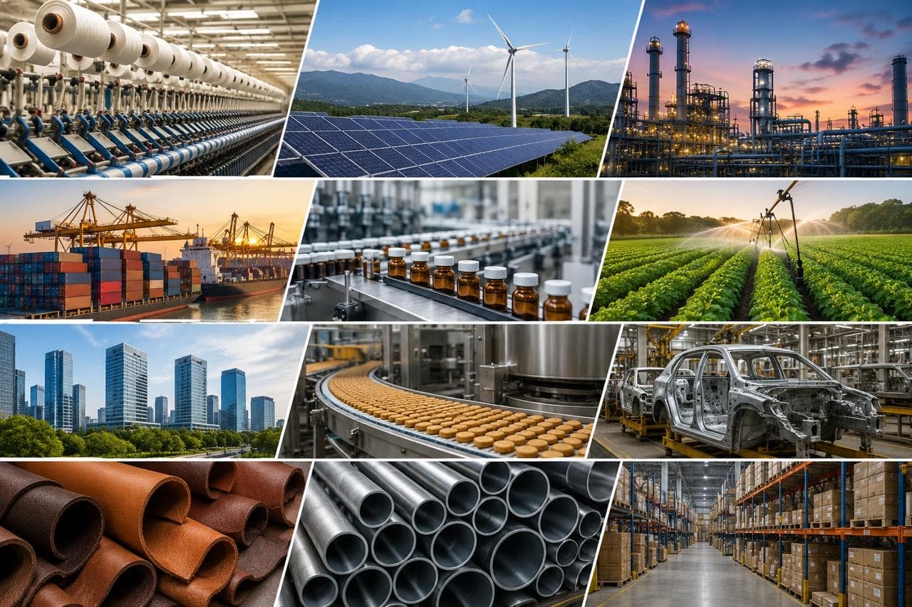 Photo collage of industries including manufacturing, energy, logistics, agriculture, and urban development