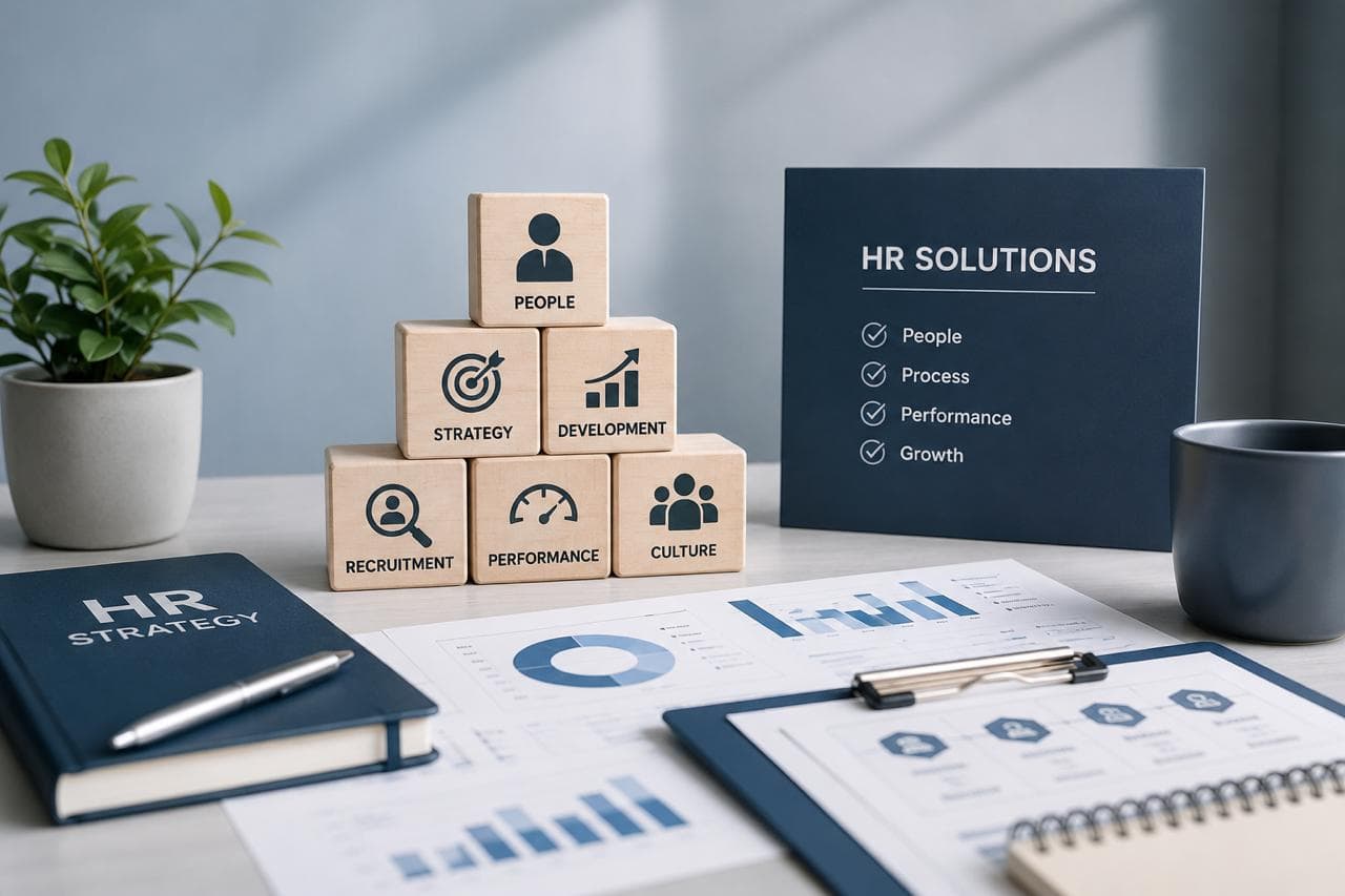 HR strategy desk with wooden people-strategy blocks, analytics charts, and HR Solutions checklist
